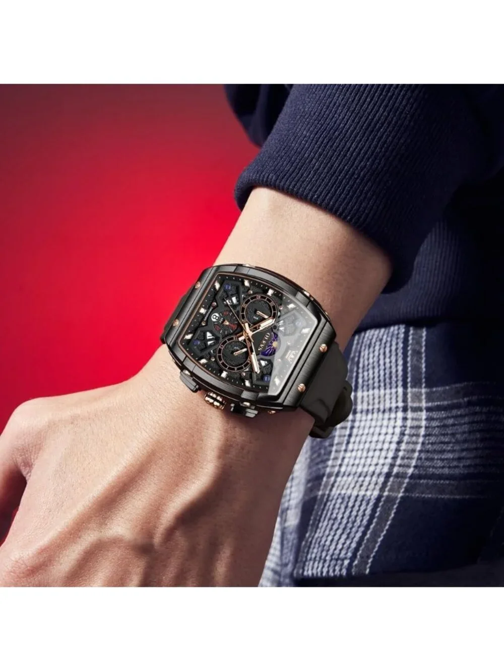 Mens All Black Chronograph Waterproof Rectangle Moon Phase Luminous Quartz Watch